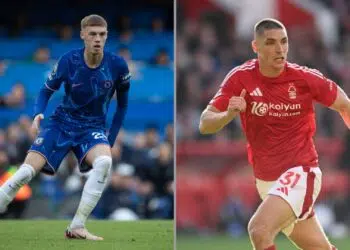 Na imagem à esquerda, Cole Palmer, atacante do Chelsea. Na imagem à direita, Nikola Milenkovic, zagueiro do Nottingham Forest