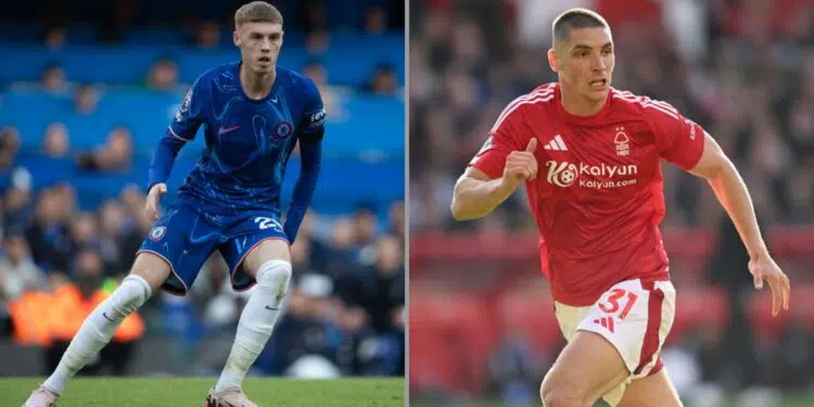 Na imagem à esquerda, Cole Palmer, atacante do Chelsea. Na imagem à direita, Nikola Milenkovic, zagueiro do Nottingham Forest