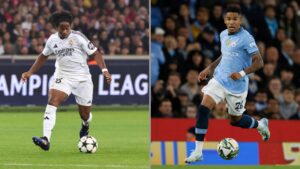 À esquerda, Endrick, do Real Madrid, durante partida contra o Lille. À direita, Savinho, do Manchester City, durante partida contra o Watford