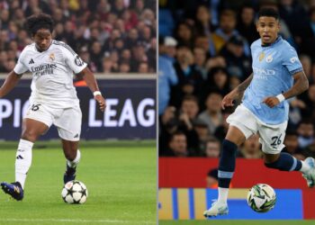 À esquerda, Endrick, do Real Madrid, durante partida contra o Lille. À direita, Savinho, do Manchester City, durante partida contra o Watford