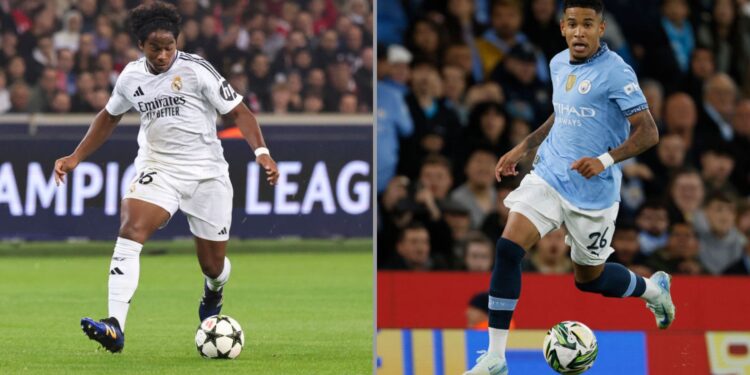 À esquerda, Endrick, do Real Madrid, durante partida contra o Lille. À direita, Savinho, do Manchester City, durante partida contra o Watford