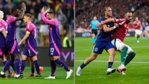 Na imagem à esquerda, jogadores da Alemanha comemoram o gol marcado contra a Bósnia e Herzegovina. Na imagem à esquerda, Xavi Simons, da Holanda, disputa a posse de bola com Attila Fiola, da Hungria