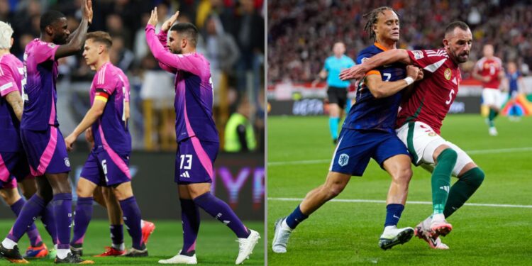 Na imagem à esquerda, jogadores da Alemanha comemoram o gol marcado contra a Bósnia e Herzegovina. Na imagem à esquerda, Xavi Simons, da Holanda, disputa a posse de bola com Attila Fiola, da Hungria