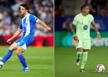 Na imagem à esquerda, Ander Guevara, meio-campista do Alavés. Na imagem à direita, Raphinha, meio-campista do Barcelona