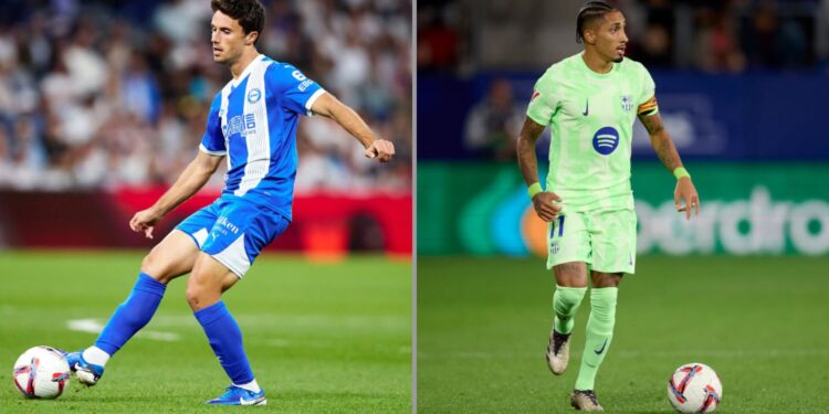 Na imagem à esquerda, Ander Guevara, meio-campista do Alavés. Na imagem à direita, Raphinha, meio-campista do Barcelona