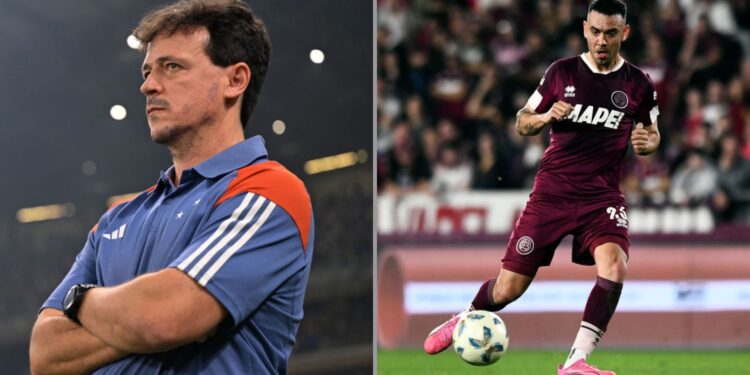 Na imagem à esquerda, Fernando Diniz, treinador do Cruzeiro. Na imagem à esquerda, Nery Dominguez, jogador do Lanús