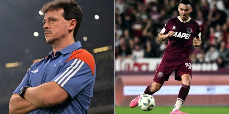 Na imagem à esquerda, Fernando Diniz, treinador do Cruzeiro. Na imagem à esquerda, Nery Dominguez, jogador do Lanús