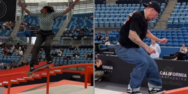 Na imagem à esquerda, Rayssa Leal performa uma manobra no SLS de Sydney. Na imagem à esquerda Giovanni Viana performa uma manobra no SLS de Sydney