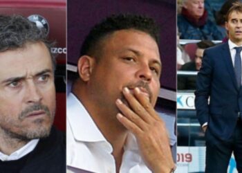 Na imagem à esquerda, Luis Henrique. Na imagem ao centro, Ronaldo Nazário. Na imagem à direita, Julen Lopetegui