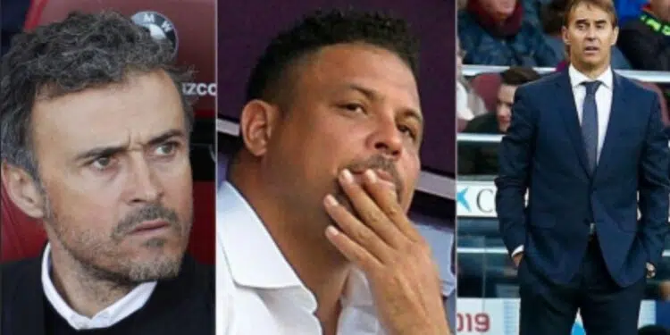 Na imagem à esquerda, Luis Henrique. Na imagem ao centro, Ronaldo Nazário. Na imagem à direita, Julen Lopetegui