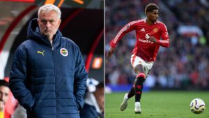 Na imagem à esquerda, José Mourinho, treinador do Fenerbahçe, durante partida contra o FC Twente. Na imagem à direita, Marcus Rashford, atacante do Manchester United, durante partida contra o Brentford