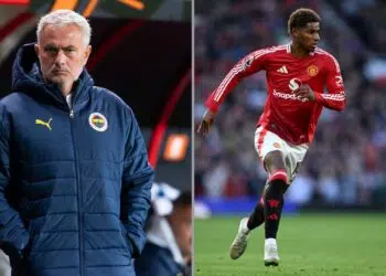 Na imagem à esquerda, José Mourinho, treinador do Fenerbahçe, durante partida contra o FC Twente. Na imagem à direita, Marcus Rashford, atacante do Manchester United, durante partida contra o Brentford