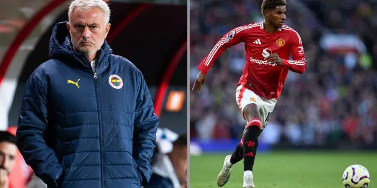 Na imagem à esquerda, José Mourinho, treinador do Fenerbahçe, durante partida contra o FC Twente. Na imagem à direita, Marcus Rashford, atacante do Manchester United, durante partida contra o Brentford