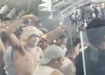 Foto de torcedor do Lanús imitando um macaco em direção à arquibancada cruzeirense
