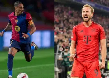 Raphinha, destaque do Barcelona, à esquerda, e Harry Kane, do Bayern de Munique, à direita da montagem
