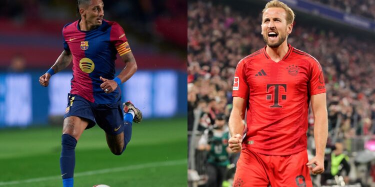 Raphinha, destaque do Barcelona, à esquerda, e Harry Kane, do Bayern de Munique, à direita da montagem