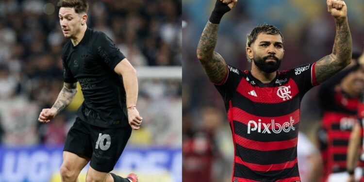 Rodrigo Garro, do Corinthians, e Gabriel Barbosa, do Flamengo, lado a lado em montagem