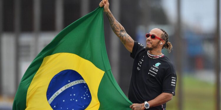 Hamilton comemorando no GP do Brasil