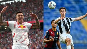 Montagem com jogadores do duelo RB Leipzig x Juventus