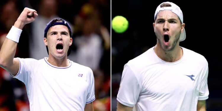 Na imagem à esquerda, Daniel Altmaier comemora vitória sobre Gabriel Diallo. Na imagem à direita, Jan-Lennard Struff comemora vitória sobre Denis Shapovalov