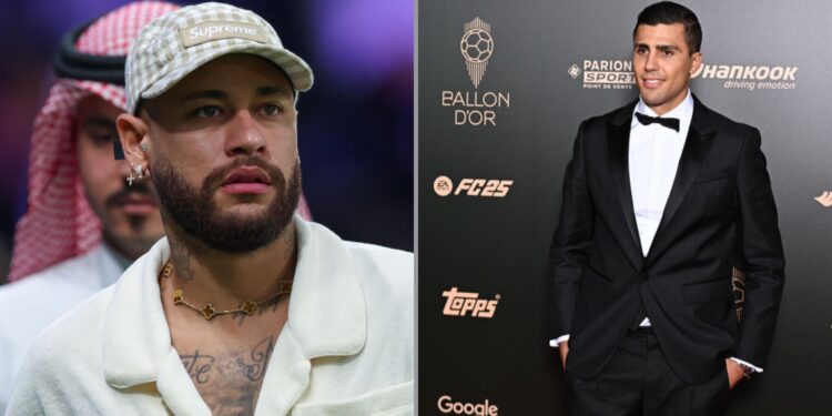 Na imagem à esquerda, Neymar presencia partida do Al Hilal. Na imagem à direita, Rodri posa para fotos durante o tapete vermelho da Bola de Ouro
