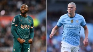 Na imagem à esquerda, Antoine Semenyo, do Bournemouth. Na imagem à direita, Erling Haaland, do Manchester City