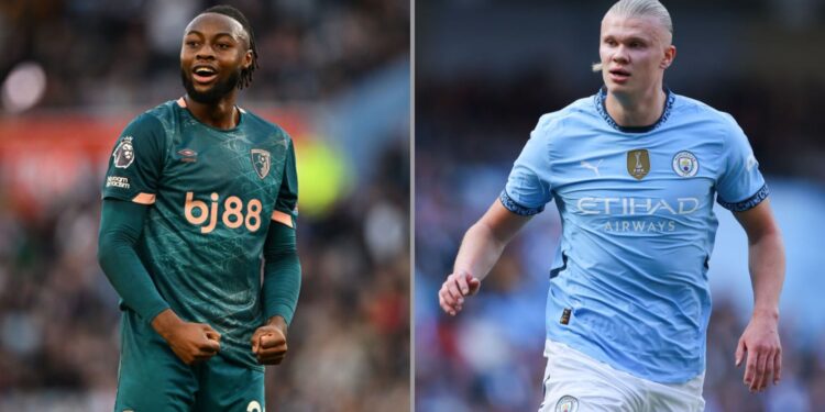 Na imagem à esquerda, Antoine Semenyo, do Bournemouth. Na imagem à direita, Erling Haaland, do Manchester City