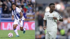 Na imagem à esquerda, Renato Tapia, do Leganés. Na imagem à direita, Vini Jr., do Real Madrid