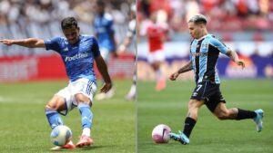 Na imagem à esquerda, Kaiki Bruno, do Cruzeiro, durante partida contra o Corinthians. Na imagem à direita, Yeferson Soteldo, do Grêmio, durante partida contra o Internacional