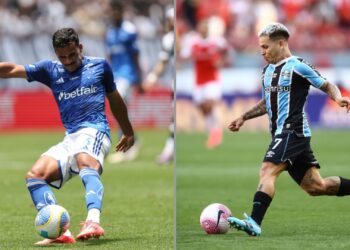 Na imagem à esquerda, Kaiki Bruno, do Cruzeiro, durante partida contra o Corinthians. Na imagem à direita, Yeferson Soteldo, do Grêmio, durante partida contra o Internacional
