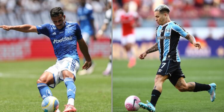 Na imagem à esquerda, Kaiki Bruno, do Cruzeiro, durante partida contra o Corinthians. Na imagem à direita, Yeferson Soteldo, do Grêmio, durante partida contra o Internacional