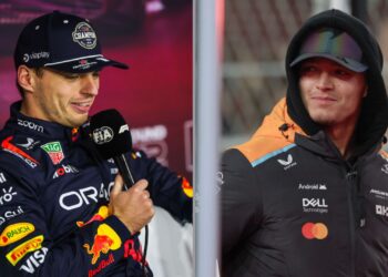 Na imagem à esquerda, Max Verstappen durante entrevista após GP de Las Vegas. Na imagem à esquerda, Lando Norris antes do GP de Las Vegas