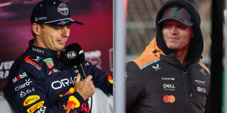 Na imagem à esquerda, Max Verstappen durante entrevista após GP de Las Vegas. Na imagem à esquerda, Lando Norris antes do GP de Las Vegas