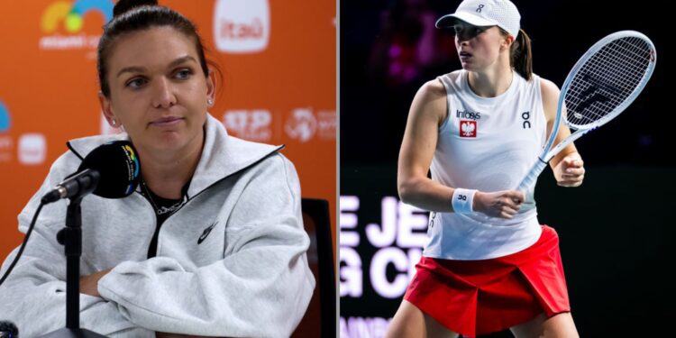 Na foto à esquerda, Simona Halep durante entrevista coletiva. Na imagem à direita, Iga Swiatek durante partida da BJK Cup