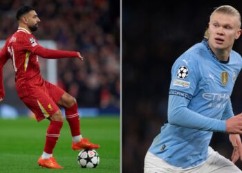 Na imagem à esquerda, Mohamed Salah, do Liverpool, durante jogo contra o Real Madrid. Na imagem à direita, Erling Haalan, do Manchester City, durante partida contra o Feyenoord