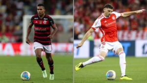 Na imagem à esquerda, Alex Sandro, do Flamengo, durante jogo contra o Atlético-MG. Na imagem à direita, Rogel, do Internacional, durante partida contra o Fluminense