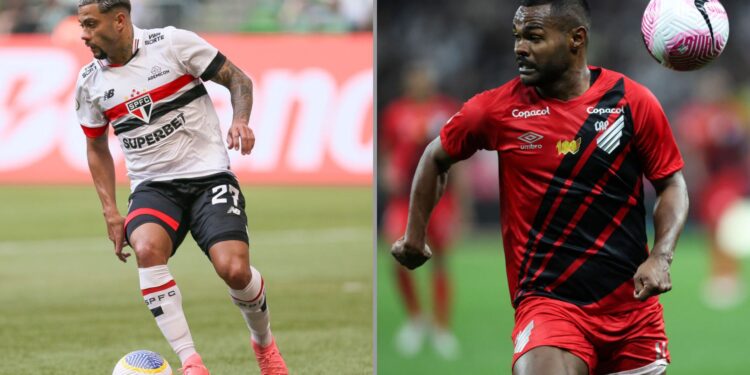 Na imagem à esquerda, Wellington Rato, do São Paulo. Na imagem à direita, Nikão do Athletico-PR