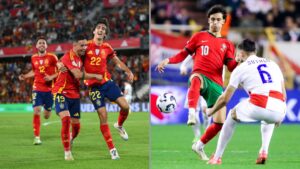 Na imagem à esquerda, jogadores da Espanha comemoram o gol marcado por Bryan GIl, contra a Suíça. Na imagem à direita, João Félix, de Portugal, disputa a posse de bola com Sutalo, da Croácia