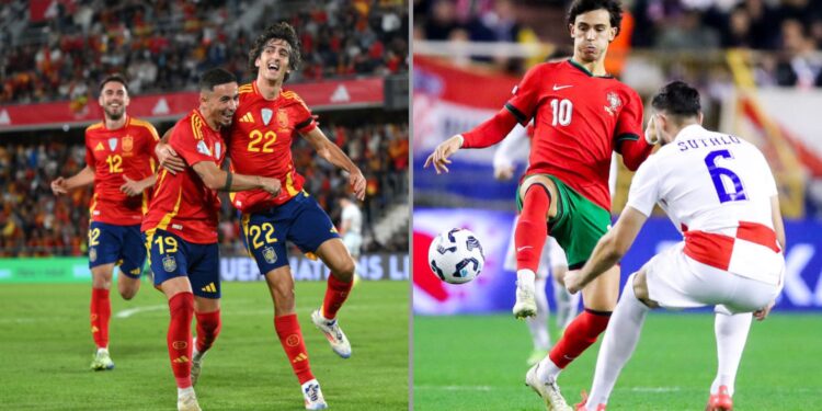 Na imagem à esquerda, jogadores da Espanha comemoram o gol marcado por Bryan GIl, contra a Suíça. Na imagem à direita, João Félix, de Portugal, disputa a posse de bola com Sutalo, da Croácia
