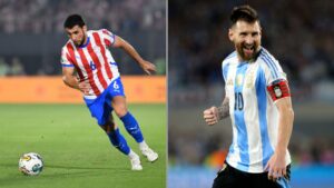 Na imagem à esquerda, Junior Alonso, do Paraguai. Na imagem à direta, Lionel Messi, da Argentina