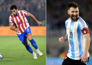 Na imagem à esquerda, Junior Alonso, do Paraguai. Na imagem à direta, Lionel Messi, da Argentina