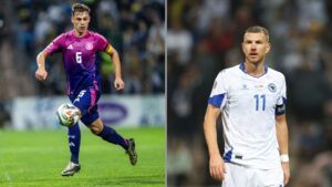 Na imagem à esquerda, Joshua Kimmich, da Alemanha. Na imagem à direita, Edin Dzeko, da Bósnia e Herzegovina