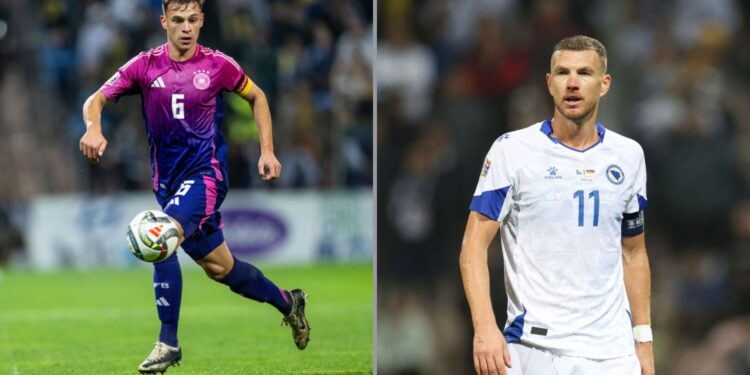 Na imagem à esquerda, Joshua Kimmich, da Alemanha. Na imagem à direita, Edin Dzeko, da Bósnia e Herzegovina