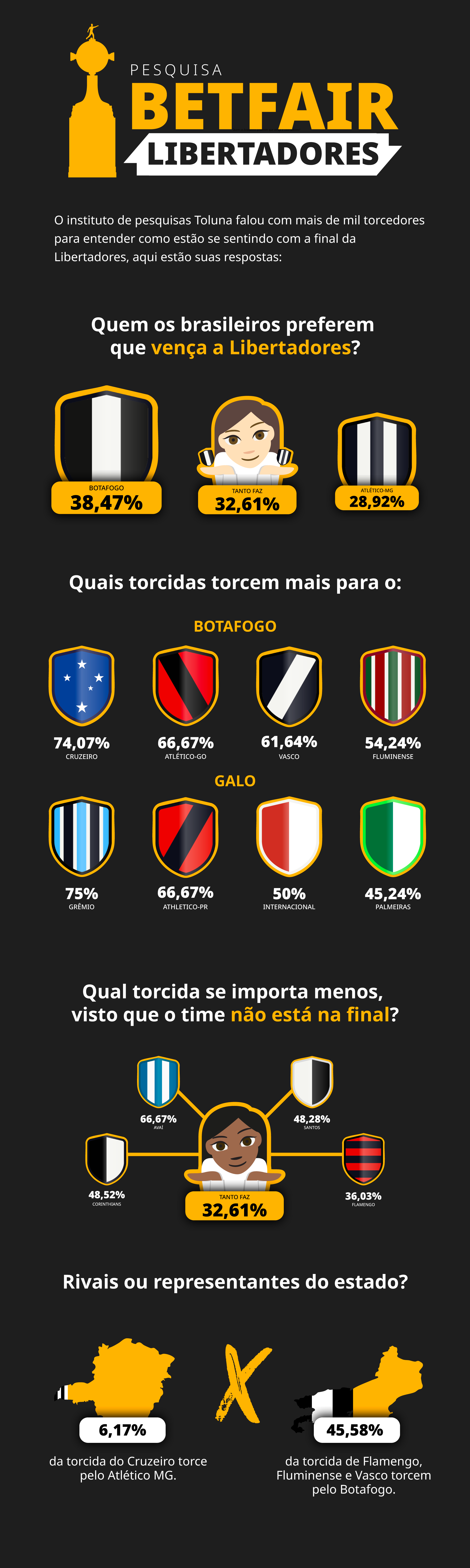 Infográfico com dados da pesquisa sobre a torcida dos brasileiros na final da Libertadores, entre Botafogo e Atlético-MG