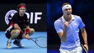 Andrey Rublev e Alexander Zverev em quadra pelo ATP Finals
