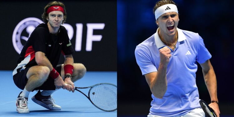 Andrey Rublev e Alexander Zverev em quadra pelo ATP Finals