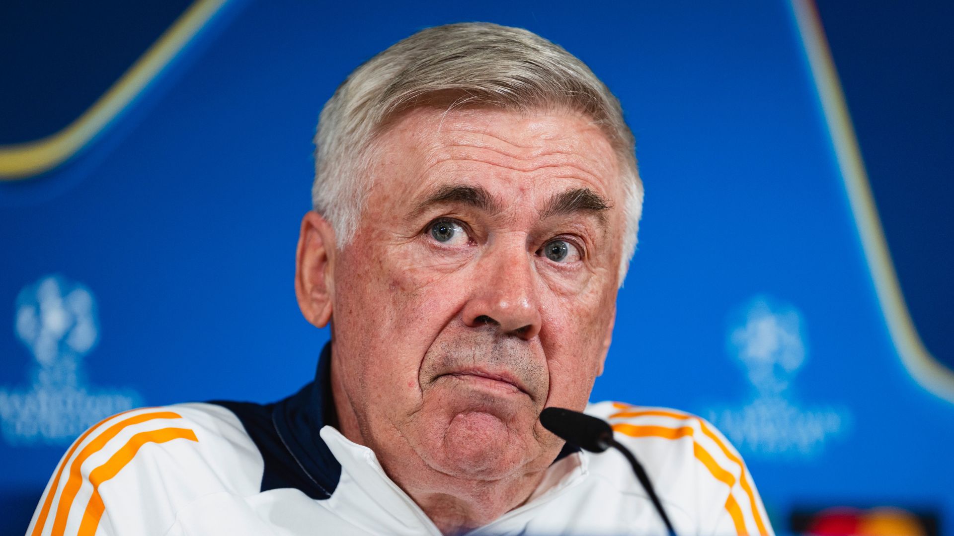 Carlo Ancelotti, t&eacute;cnico do Real Madrid, em coletiva de imprensa da Champions League
