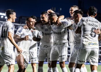 Elenco do Santos celebra em campo na Série B