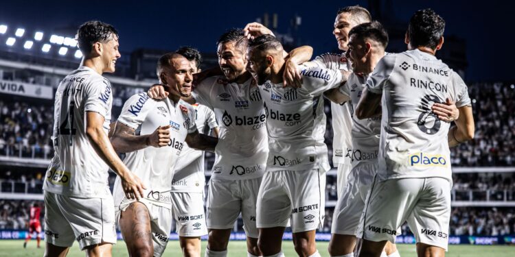Elenco do Santos celebra em campo na Série B