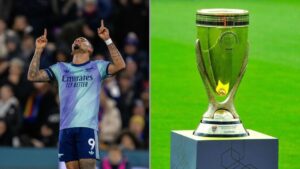 Na imagem à esquerda, Gabriel Jesus, do Arsenal. Na imagem à direita, foto do troféu da Copinha